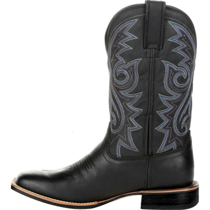 Cowboy Boots Brown Faux Leather Shoes Retro Men Embroidered Western Big Size 47 48 Ethnic Motorcycle Women 240617