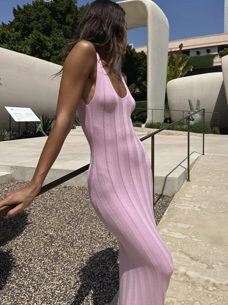 Fantoye Knit Sexy Backless See Through Women Maxi Dress Pink Sleeveless High Waist Dress Summer Vacation Elegant Beachwear 2024 240617