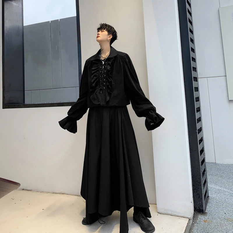 Men Victorian Medieval Dark Knight Blouse Lace Up Ruffles Drawstring Winter Lace Up Shirt Banquet Party Gothic Cotton Top 240615