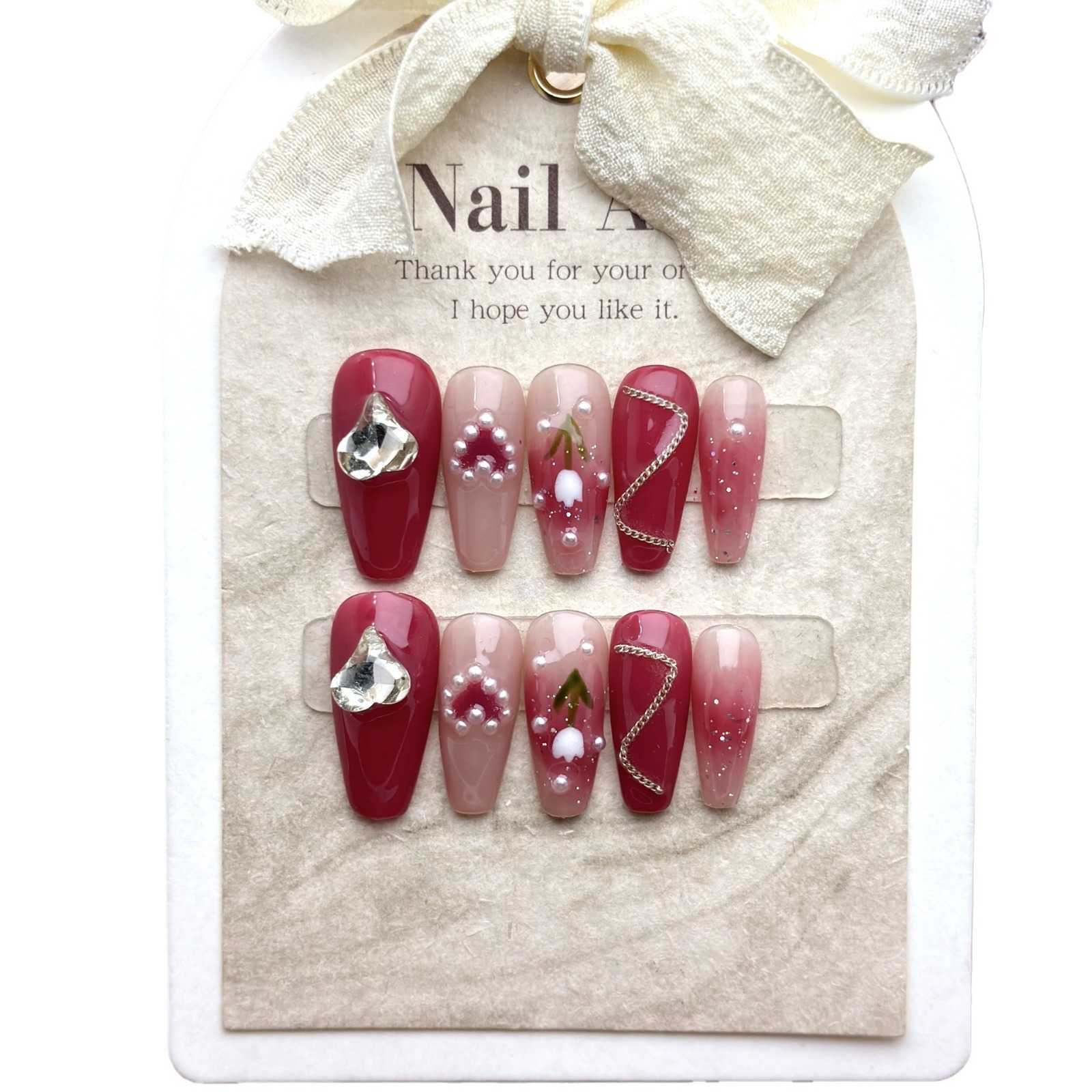 Girls False Nails Plum colored full diamond handmade phototherapy nail art heavy industry steel ball chain temperament wearing armor straight high end