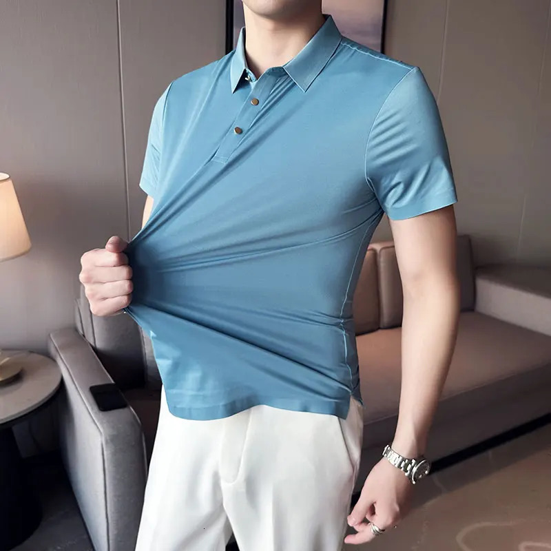 Ice Silk Traceless T-shirt Mens Business Casual Solid Color Half Sleeve High Elasticity Top Silk Smooth Breathable POLO Shirt 240617