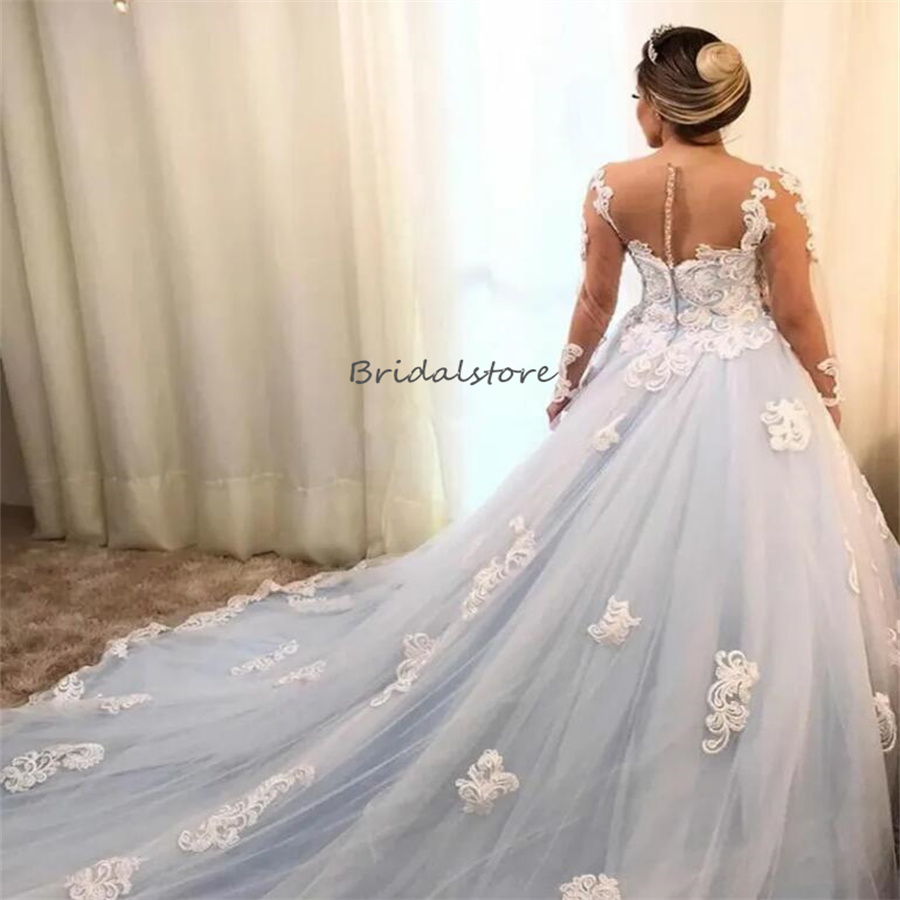 Uniques Blue Gothic Wedding Dresses 2024 Arabic A line Lace Princess Bridal Gowns Long Sleeve Court Train Garden Bride Dress Vestio De Novia Robe De M