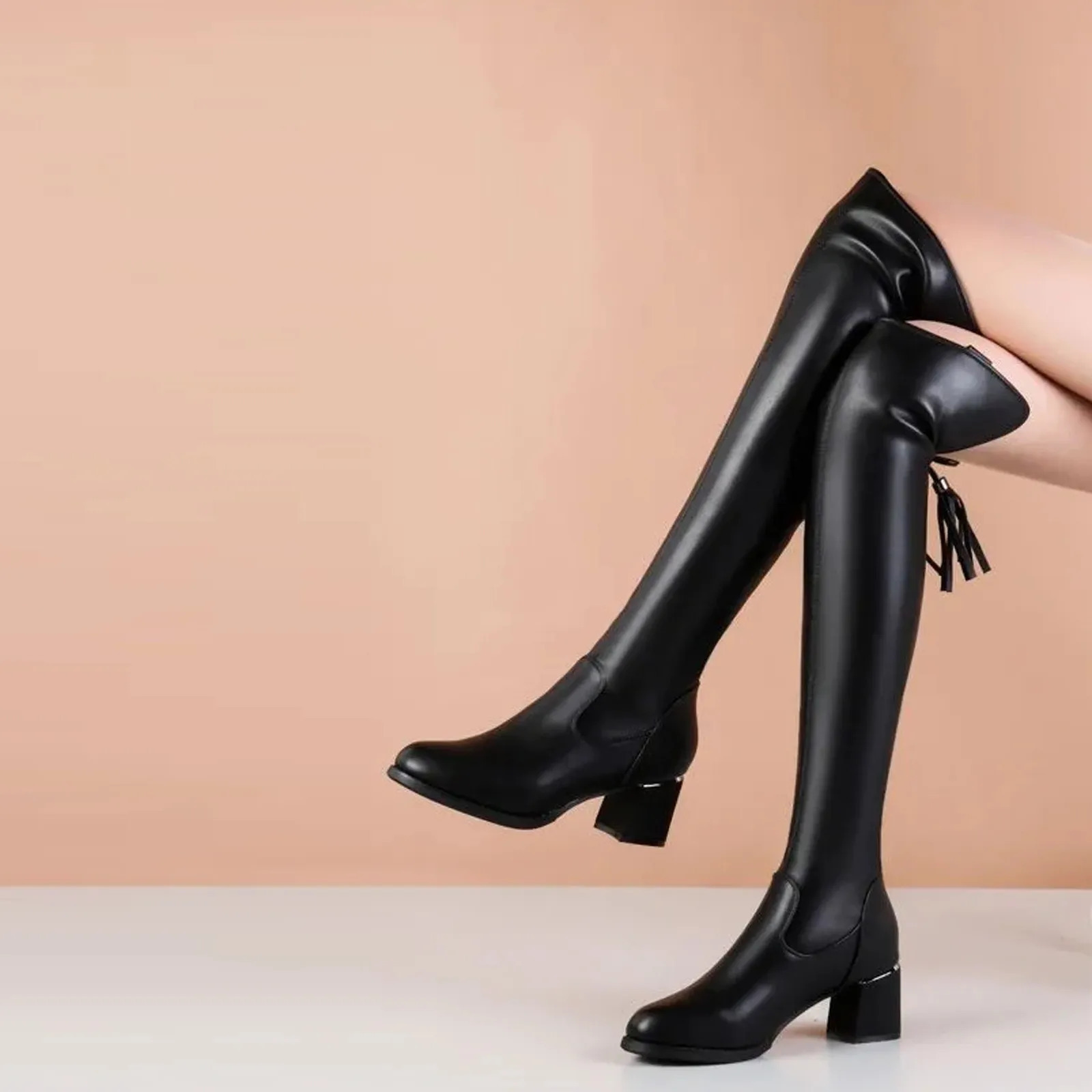Black Long Boots For Women Fashion Square High Heel Over The Knee High Boots Winter Shoes Ladies Elegant Modern Long Boots 240618