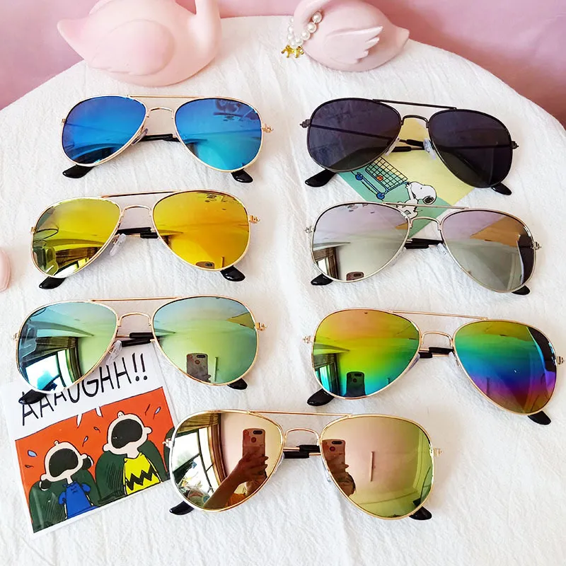 Classic Sunblock Sunglasses Girls Colorful Mirror Children Glasses Metal Frame Kids Travel Shopping Eyeglasses UV400 7 colors LL