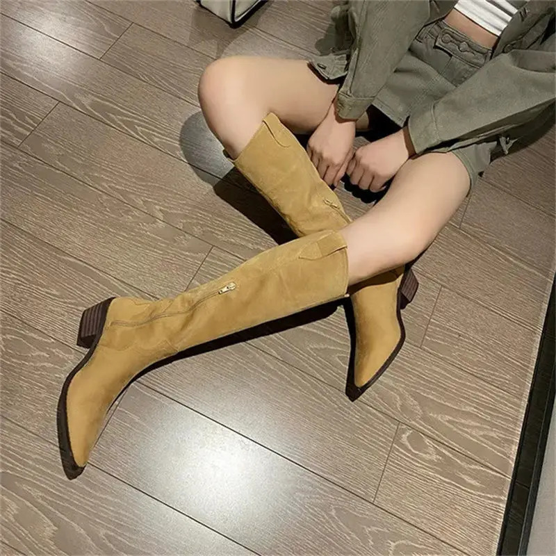 Footwear Cowboy Ladies Boots Winter Knee High Shaft Shoes for Women Western Long Denim Pointed Toe Punk Cowgirl Waterproof Work 240618