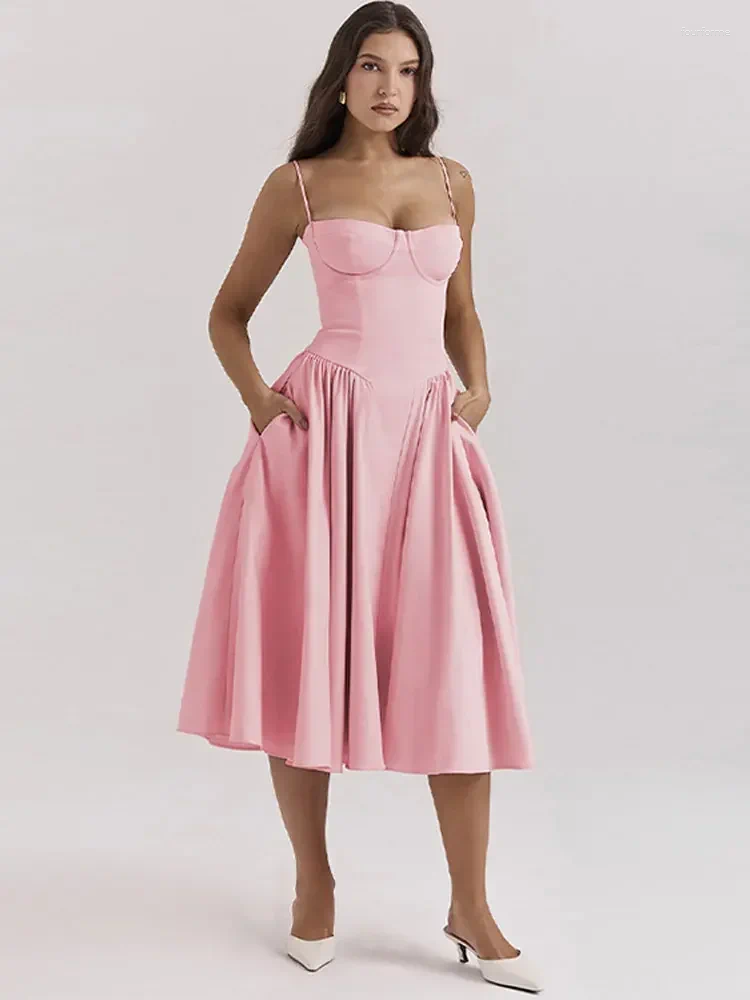 Elegant Sleeveless Backless Pleated Womens Midi Dress B3