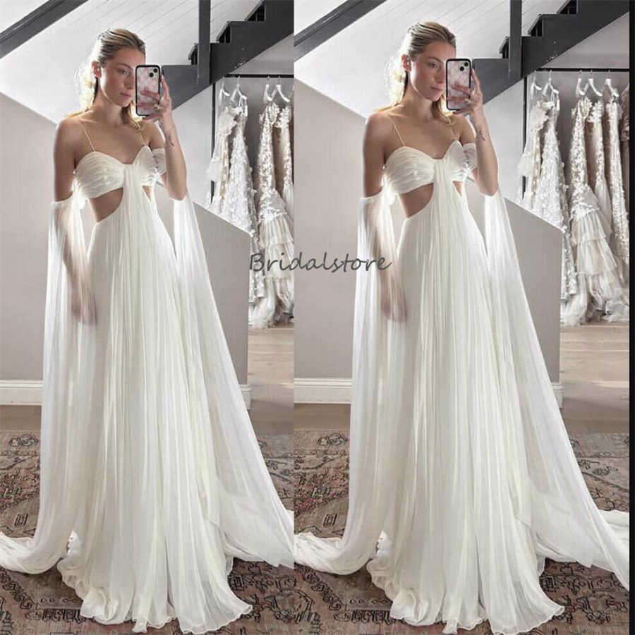 Rustic Country Wedding Dresses With Spaghetti Straps Flowy Chiffon Beach Boho Bride Dress With Train Sleeve Charming Bridal Dress Vestio Novia Robe Ma