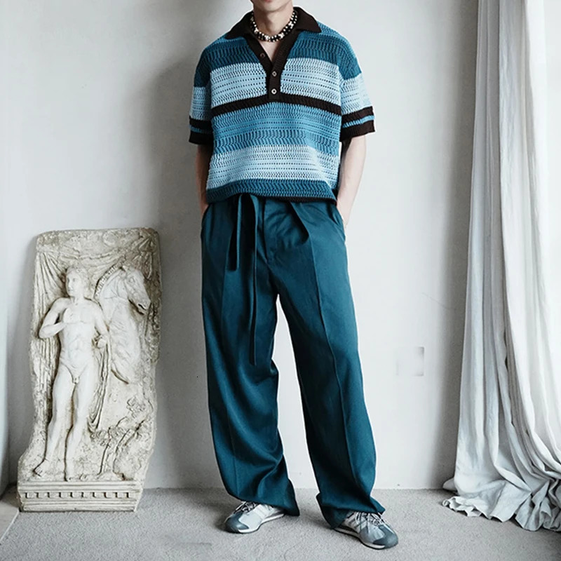 Streetwear Mens Knit Polo Shirts 2024 Summer Fashion Patchwork Hollow Out Knitted Tops For Men Short Sleeve Breathable Polos 240617