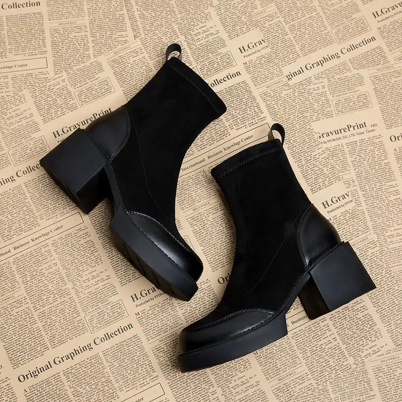 Woman for Short Black Shoes Womens Ankle Boots Sock Footwear Combat Booties Very High Heels Suede Punk Style Heeled Autumn Boot