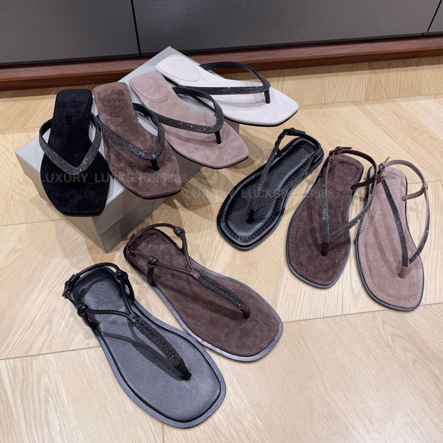 Top quality Rhinestone strap Suede flip flops sandal Flat heel slides slipper for womens Luxury designer sandal Flat beach shoes Vacation shoes