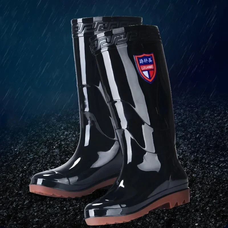 Mens Rain Boots Round Toe Wedge Wear-resistant Fashion Fishing Boots Non-slip Plastic Water-proof Rain Boots Tendon Bottom 240618