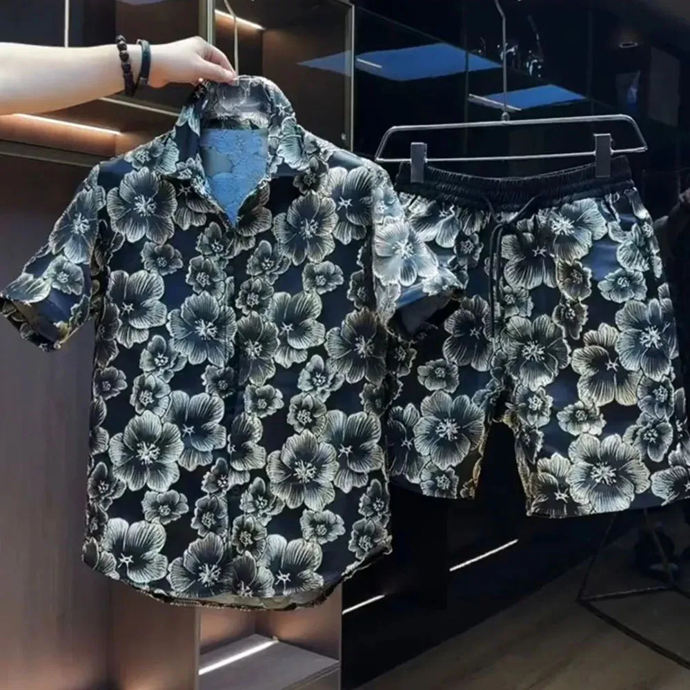 Ethnic Style Emed Bronzing Flower Short-sleeved Shorts Two-piece Set Mens Summer Handsome Loose Black Gold Shirt Suit 240617 Free shipping