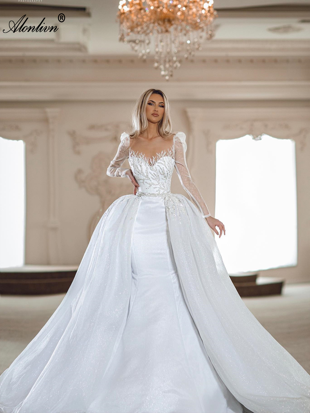 New Arrival Elegant Shiny Tulle Illusion Neck 2 In 1 Mermaid Wedding Dress With Removable train Full Sleeves Beading Appliques Lace Trumpet Bridal Gow
