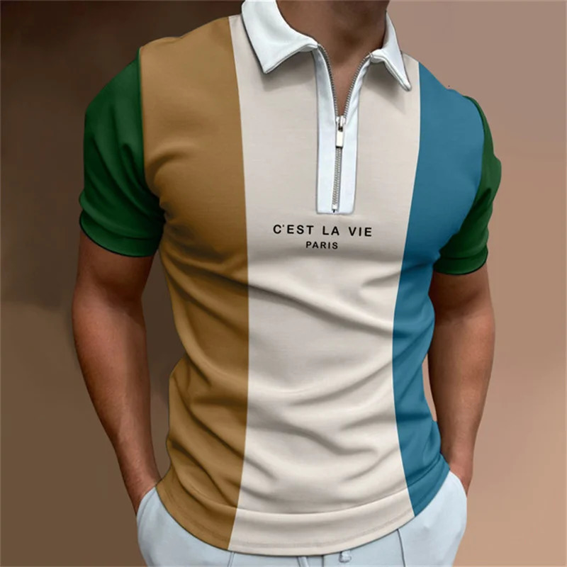 Mens Hawaiian Fashion Polo Shirt For Men Harajuku Summer Stripe Plaid Print T Shirt Zipped Lapel Golf Polo Top 2