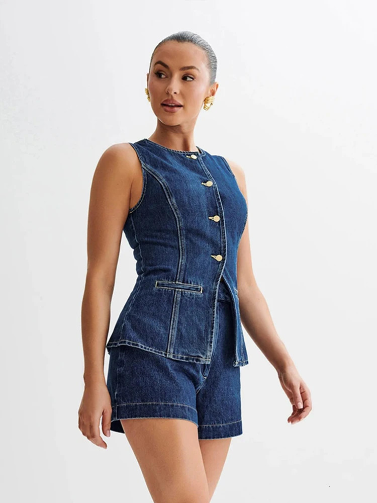 Denim 2 Pieces Sets Women Fashion Slim O-neck Sleeveless Single Breasted Vest Wide Leg Shorts Summer Y2K Lady Outfit 240614