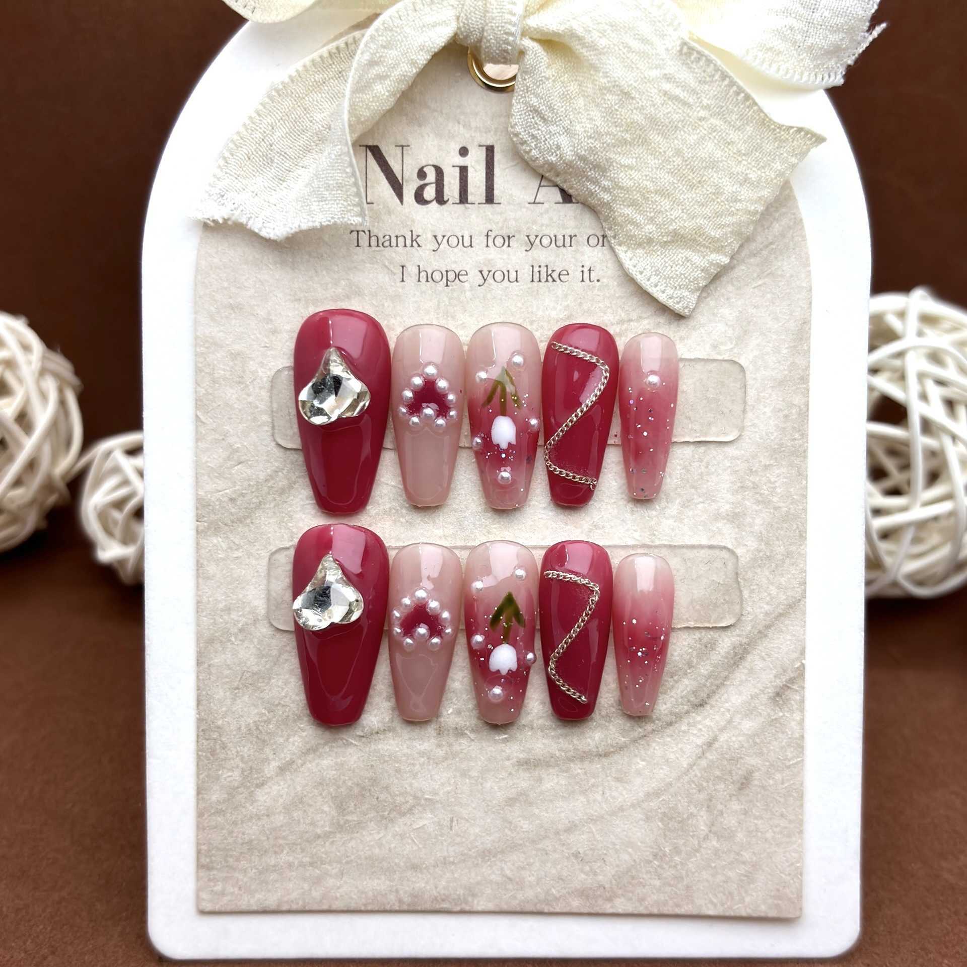 Girls False Nails Plum colored full diamond handmade phototherapy nail art heavy industry steel ball chain temperament wearing armor straight high end