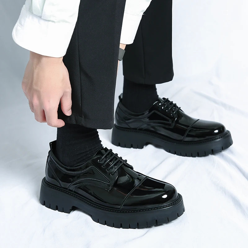Mens Black Formal Shoes Lace Up Artificial Patent Leather Business Shoes With Thick Sole 240618