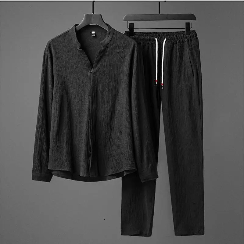 Mens Chinese Style Tang Suit Long-sleeved T-shirt pant Breathable V-neck Shirt Two-piece Autumn Casual Sports Suit 240617