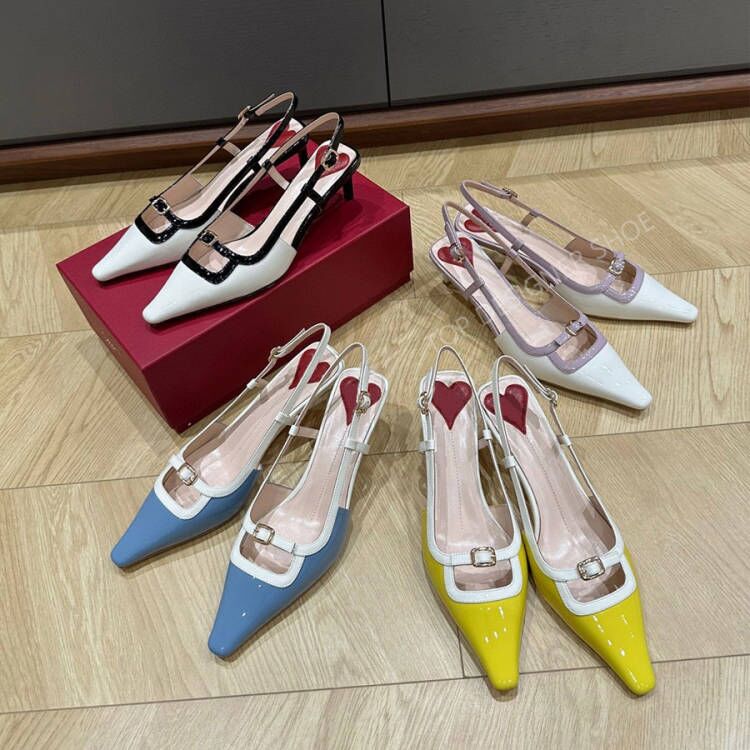 Top quality simple button Patent leather Low heeled slingbacks sandal Kitten heels Dress shoes womens Luxury designer heels evening Wedding shoes Factory footwear