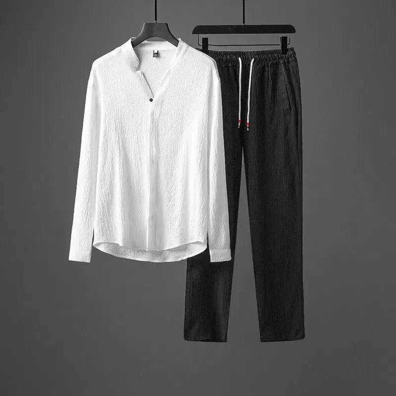 Mens Chinese Style Tang Suit Long-sleeved T-shirt pant Breathable V-neck Shirt Two-piece Autumn Casual Sports Suit 240617