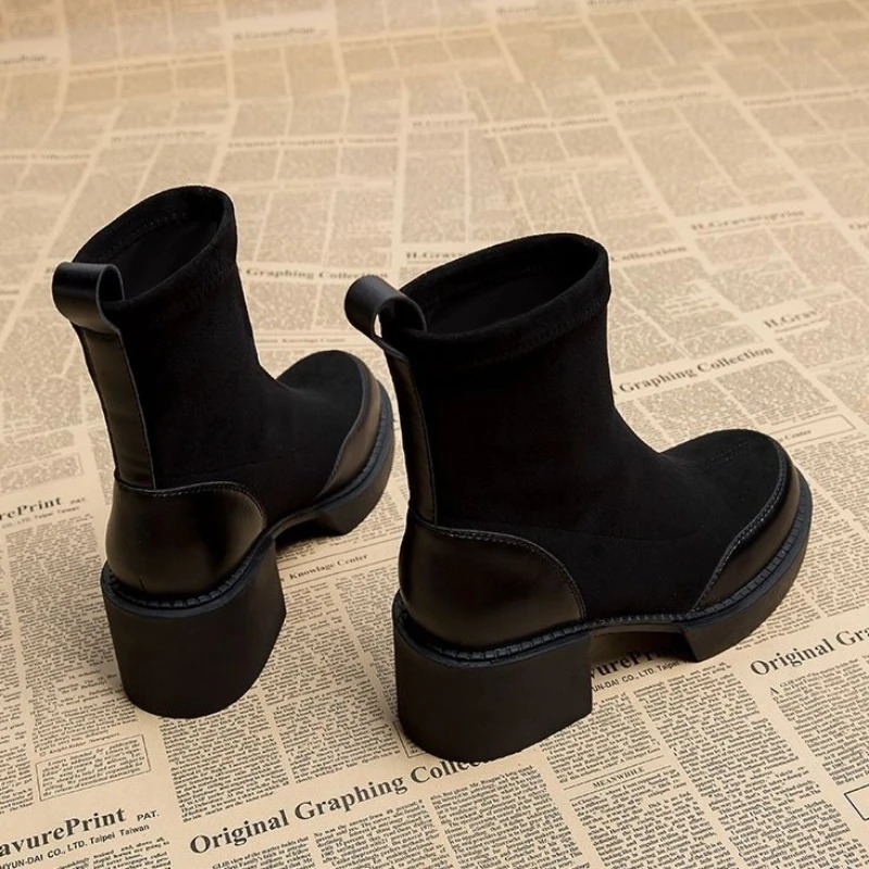 Woman for Short Black Shoes Womens Ankle Boots Sock Footwear Combat Booties Very High Heels Suede Punk Style Heeled Autumn Boot