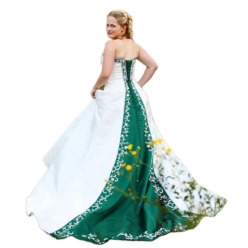 A-Line Elegant Embroidery Dress Strapless Green And White Satin Long Bridal Dresses Lace-Up Garden Country Wedding Gowns 2024 Plus Size Robe es