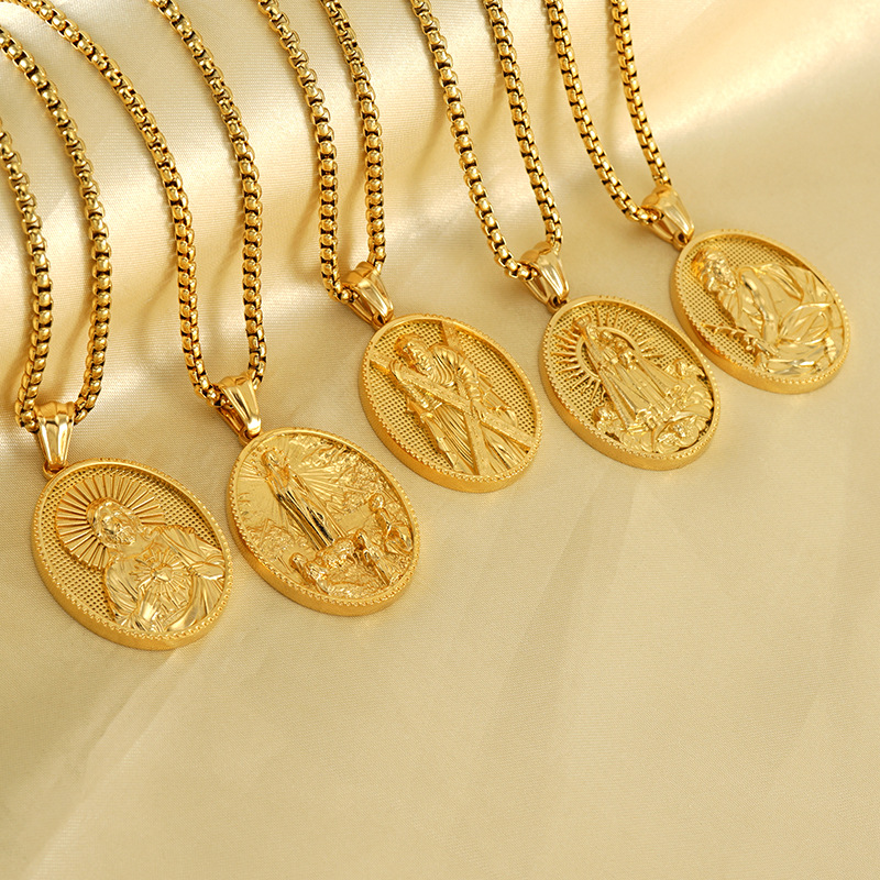 Embossment 18K Gold Virgin Mary Jesus Cross Necklace Pendant Designer Jewelry Non Tarnish Stainless Steel Christian Madonna Gold Chain Necklaces Men Fine Jewelry