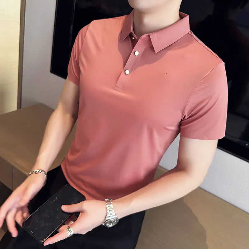 Ice Silk Traceless T-shirt Mens Business Casual Solid Color Half Sleeve High Elasticity Top Silk Smooth Breathable POLO Shirt 240617