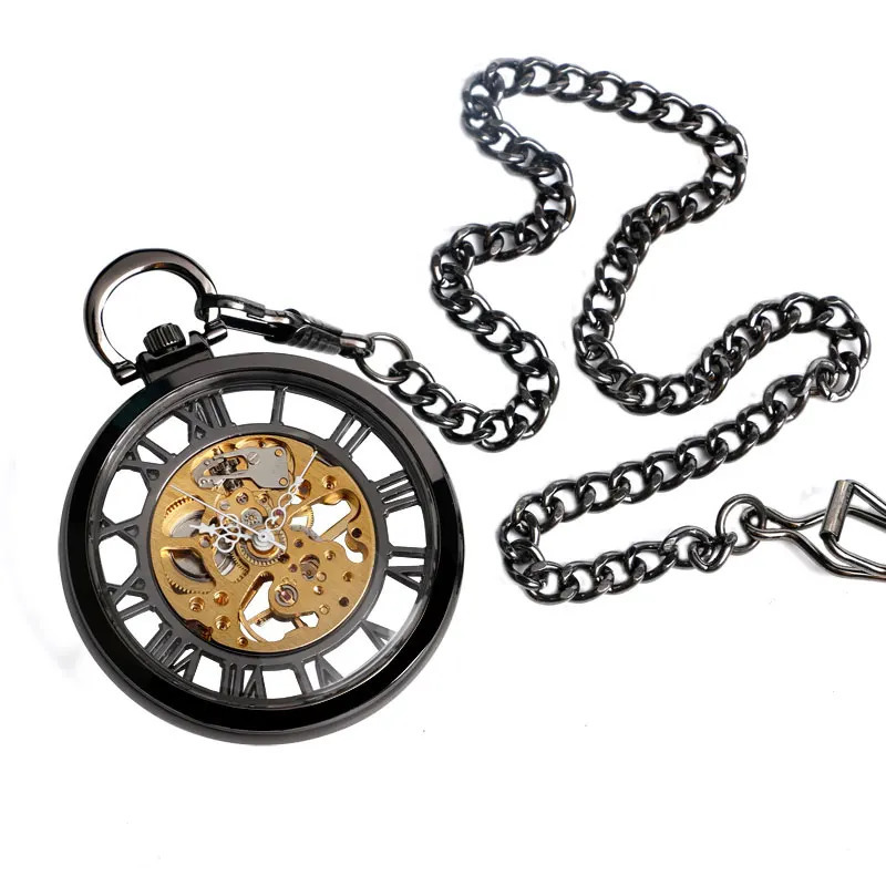 Classic Trendy Hand-winding Pocket Watch Steampunk Pendant Black Case Mechanical Clock Men Women Fob Chain Birthday Xmas Gift 240617