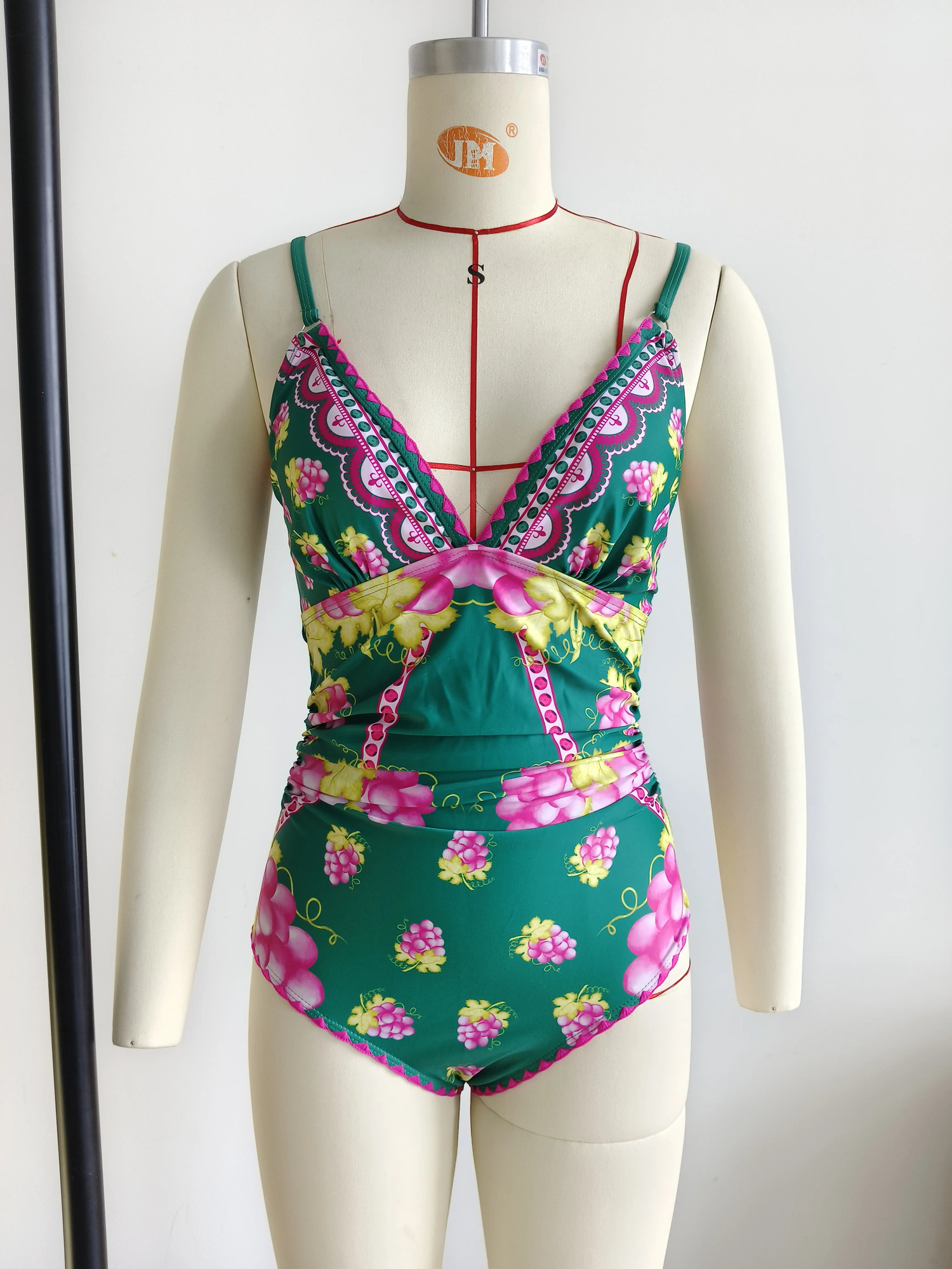 Women Swimwear 2PC Coverup Swimsuit Ruffle Dongbei Printed Deep V Onepiece Monokini Kimono Bikini Suit Summer Beachwear 240618