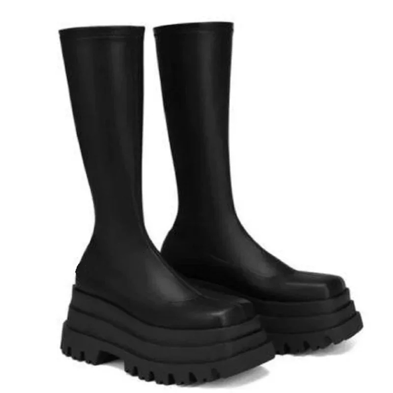Martin Thick Sole Slope Heel Square Head Casual Elastic Fashion Short Boots Anti Slip Women Shoes 240618