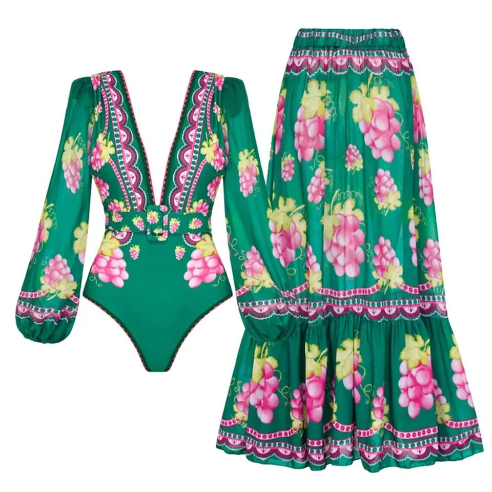 Women Swimwear 2PC Coverup Swimsuit Ruffle Dongbei Printed Deep V Onepiece Monokini Kimono Bikini Suit Summer Beachwear 240618