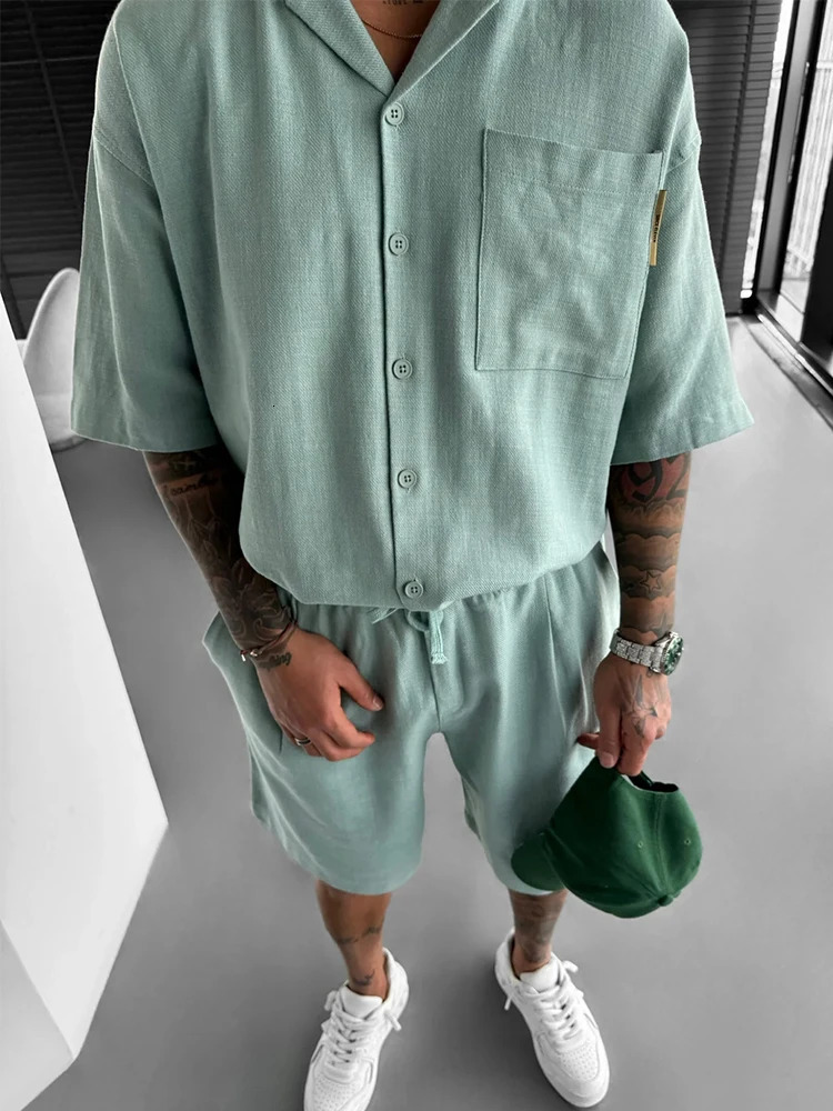 Hip Hop Mens Two Piece Sets Summer Casual Pure Color Short Sleeve Pocket Shirts And Shorts Men Outfits Fashion Loose Suits Male 240617