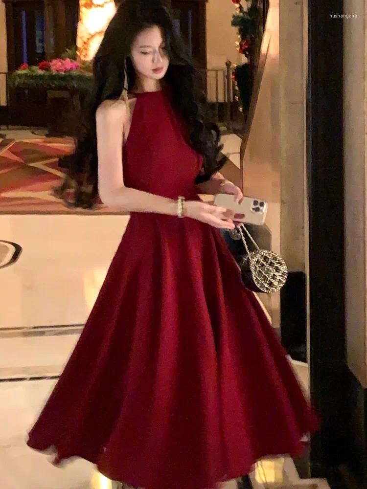 Casual Dresses France Vintage Halter Evening Party Long For Women Solid Sleeveless A-line Princess Wedding Prom Robe Spring Vestido