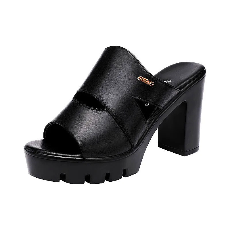 10cm Small Size 32-43 Soft Leather Slippers Womens Block High Heels Slides Thick Bottom Platform Sandals for Office Model 240618