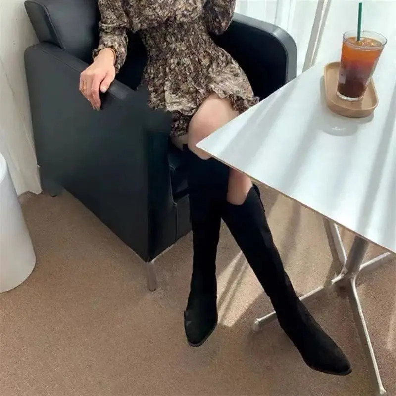 Footwear Cowboy Ladies Boots Winter Knee High Shaft Shoes for Women Western Long Denim Pointed Toe Punk Cowgirl Waterproof Work 240618