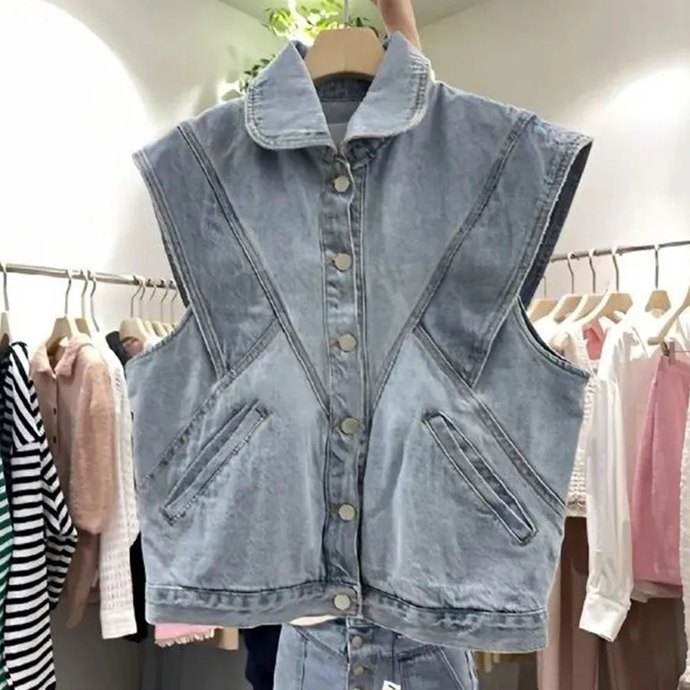 Women Denim Vest Chic Lapel Casual Button Sleeveless Jean Coat Female Solid Color Temperament Tank Top Vintage Fashion Waistcoat 240617
