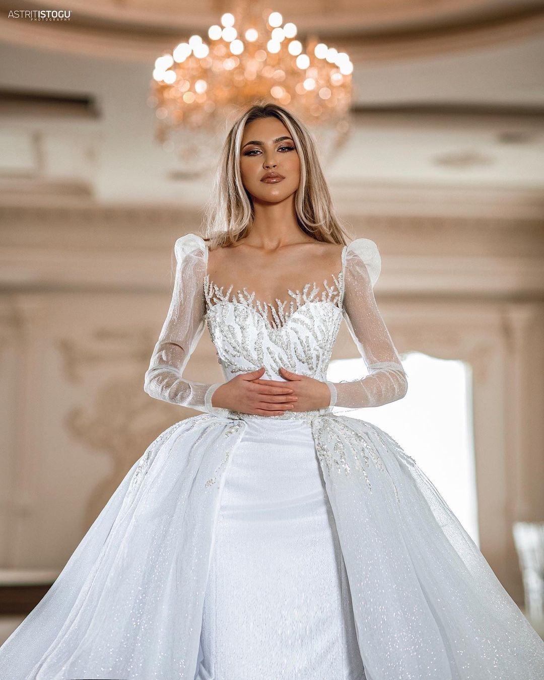New Arrival Elegant Shiny Tulle Illusion Neck 2 In 1 Mermaid Wedding Dress With Removable train Full Sleeves Beading Appliques Lace Trumpet Bridal Gow