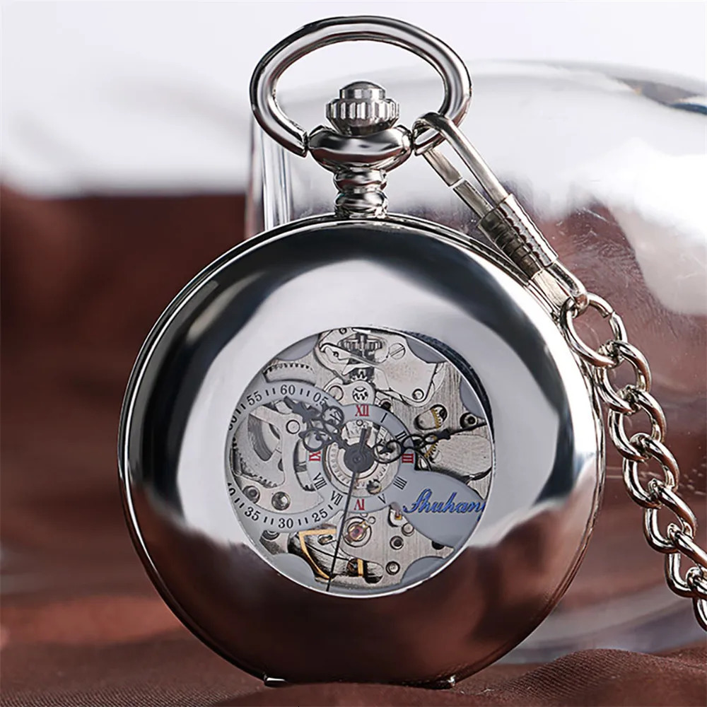 Polishing Smooth Silver/Black/Bronze Self Winding Mechanical Pocket Watch Hollow Circle Cover Retro Automatic Pendant Timepiece 240617