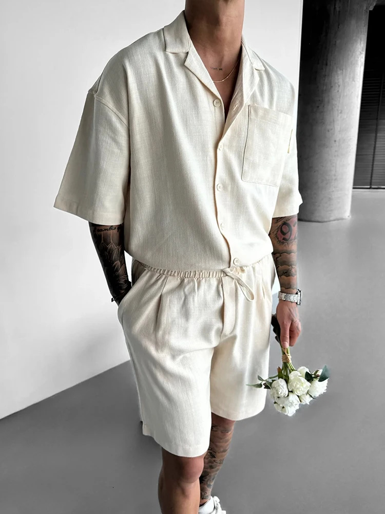 Hip Hop Mens Two Piece Sets Summer Casual Pure Color Short Sleeve Pocket Shirts And Shorts Men Outfits Fashion Loose Suits Male 240617