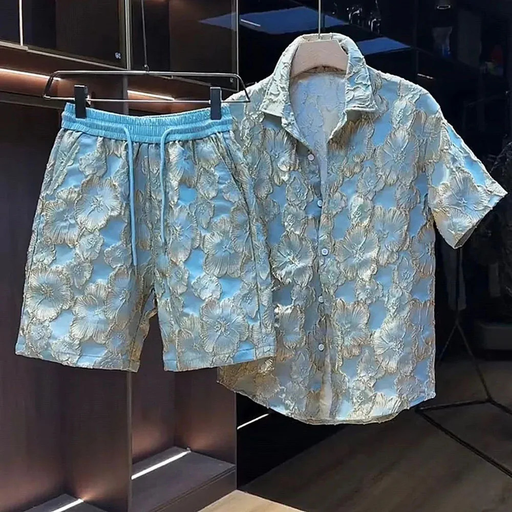 Ethnic Style Emed Bronzing Flower Short-sleeved Shorts Two-piece Set Mens Summer Handsome Loose Black Gold Shirt Suit 240617 Free shipping