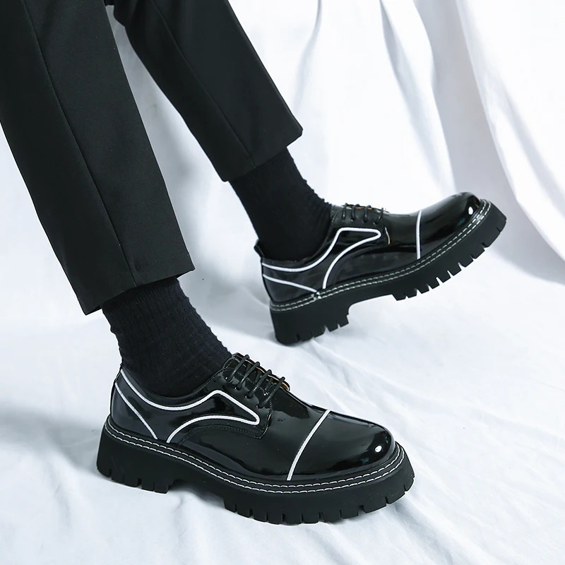 Mens Black Formal Shoes Lace Up Artificial Patent Leather Business Shoes With Thick Sole 240618