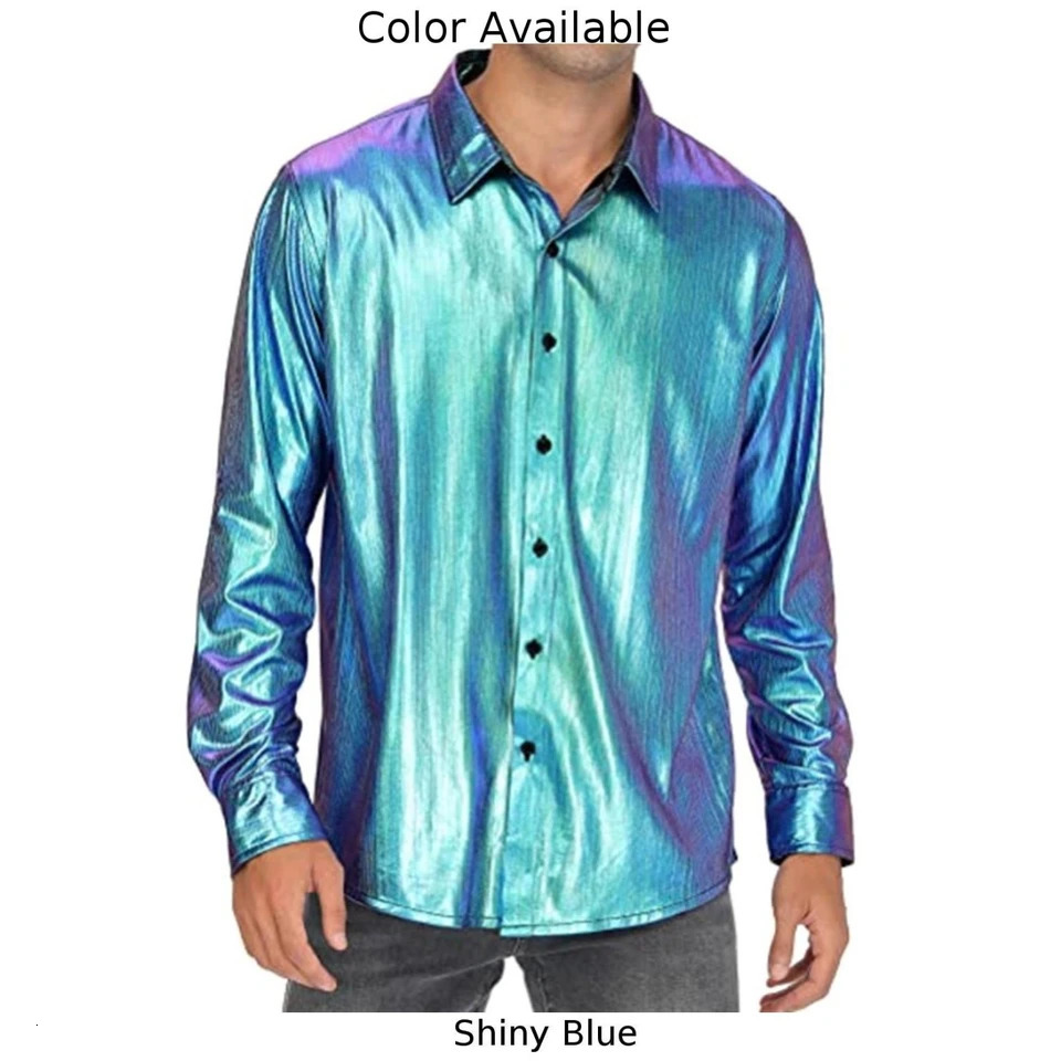 Mens Fashion Laser Shiny Shirts Casual Baggy Single Breasted Long Sleeve Solid Color Normal Shirt Tops Clothing 240615