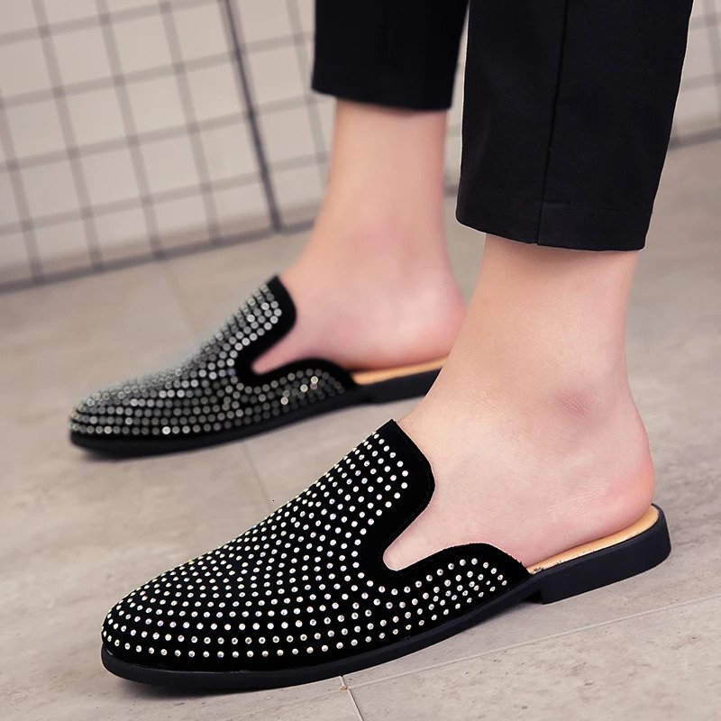 Glitter Rhinestone Leather Shoes Men Outerwear Half Mules Casual Slides Slippers Sandals Male Fashion Mocassins 240618