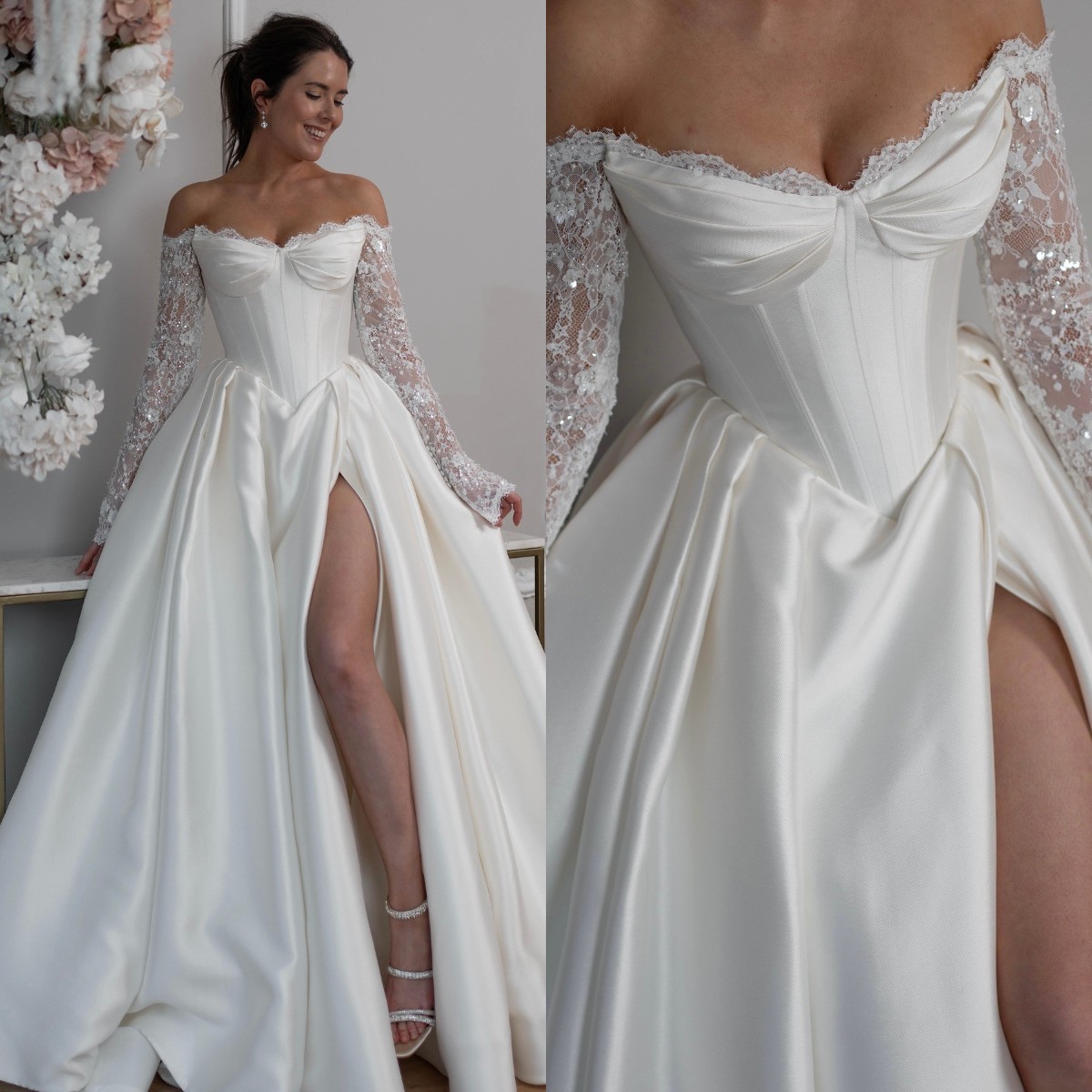 Gorgeous A e Dress for bride off shoulder lace long sleeves country Wedding Dresses backless vestidos de novia split ruffle satin bridal gowns mariage