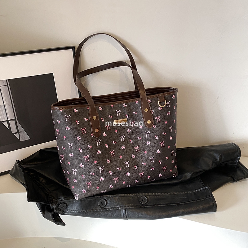 Women's tote bag PU leather strap zipper large capacity handbag fashionable business retro flower handbag student shopping printed large capacity