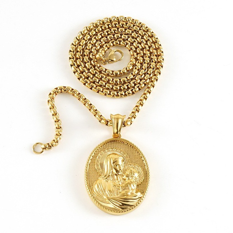 Emed Virgin Mary Jesus Cross Necklace - Exquisite Stainless Steel Christian Madonna Gold Chain Necklaces for Men, Non-Tarnish Jewelry 4 67be2