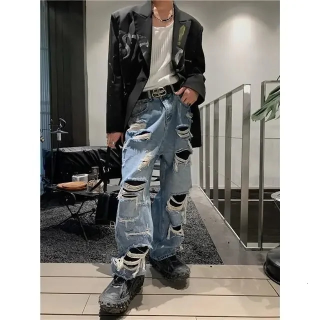 Spring Summer Vintage Streetwear Jeans Mens Cropped Pants Casual Ripped Drainage Hip Hop Sleek Fashion Trendy 240618