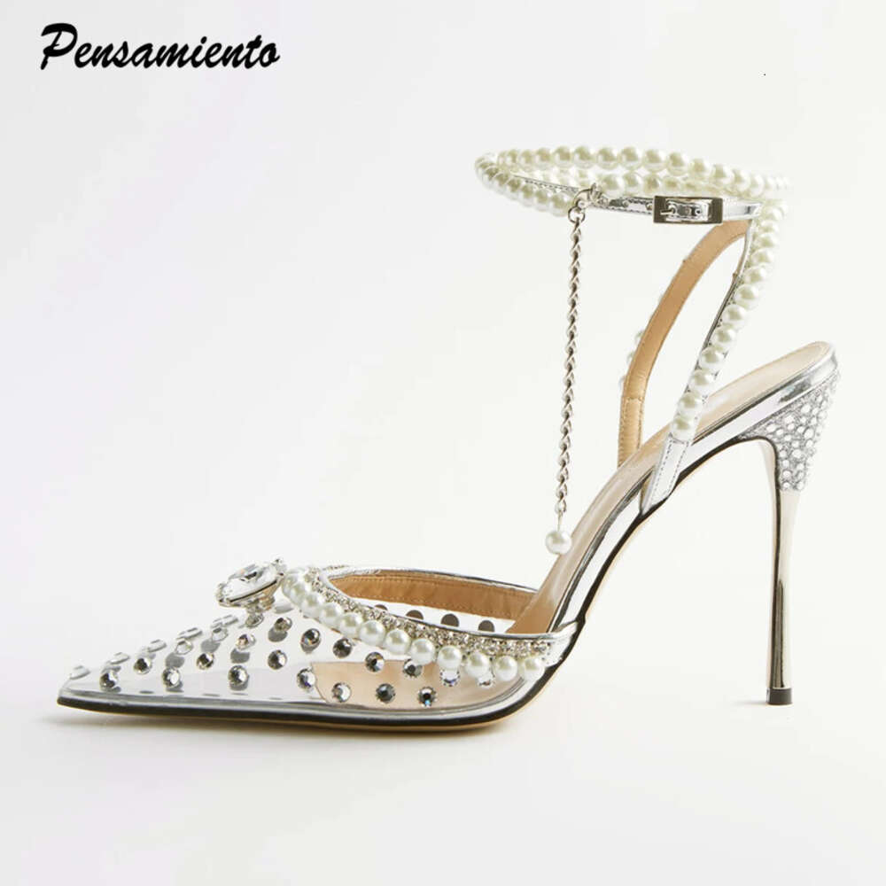 Rhinestones Pearls Transparent PVC Women Pumps Fashion Ankle Strap Bridal Thin High Heels Summer Wedding Party Shoes