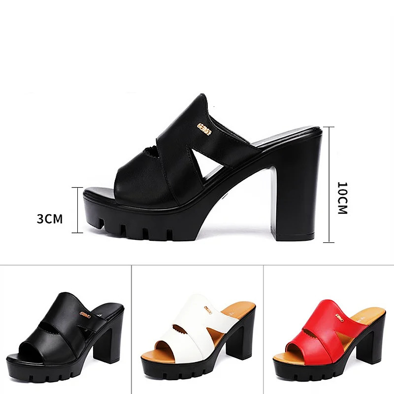 10cm Small Size 32-43 Soft Leather Slippers Womens Block High Heels Slides Thick Bottom Platform Sandals for Office Model 240618